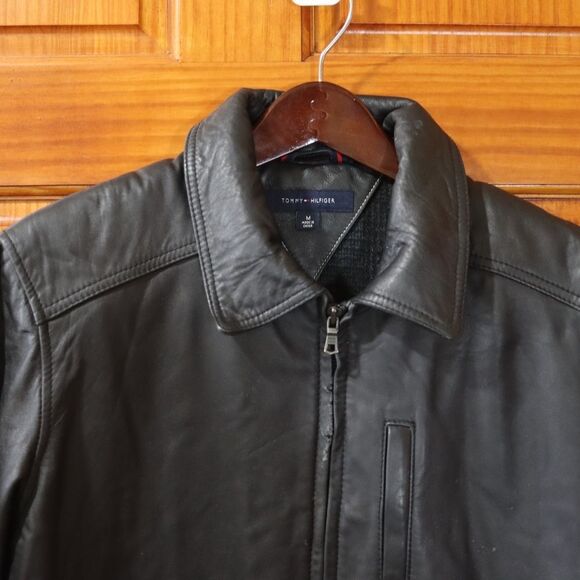 Tommy Hilfiger Vintage 90s Black Distressed Leather Biker Jacket Medium - Picture 14 of 16